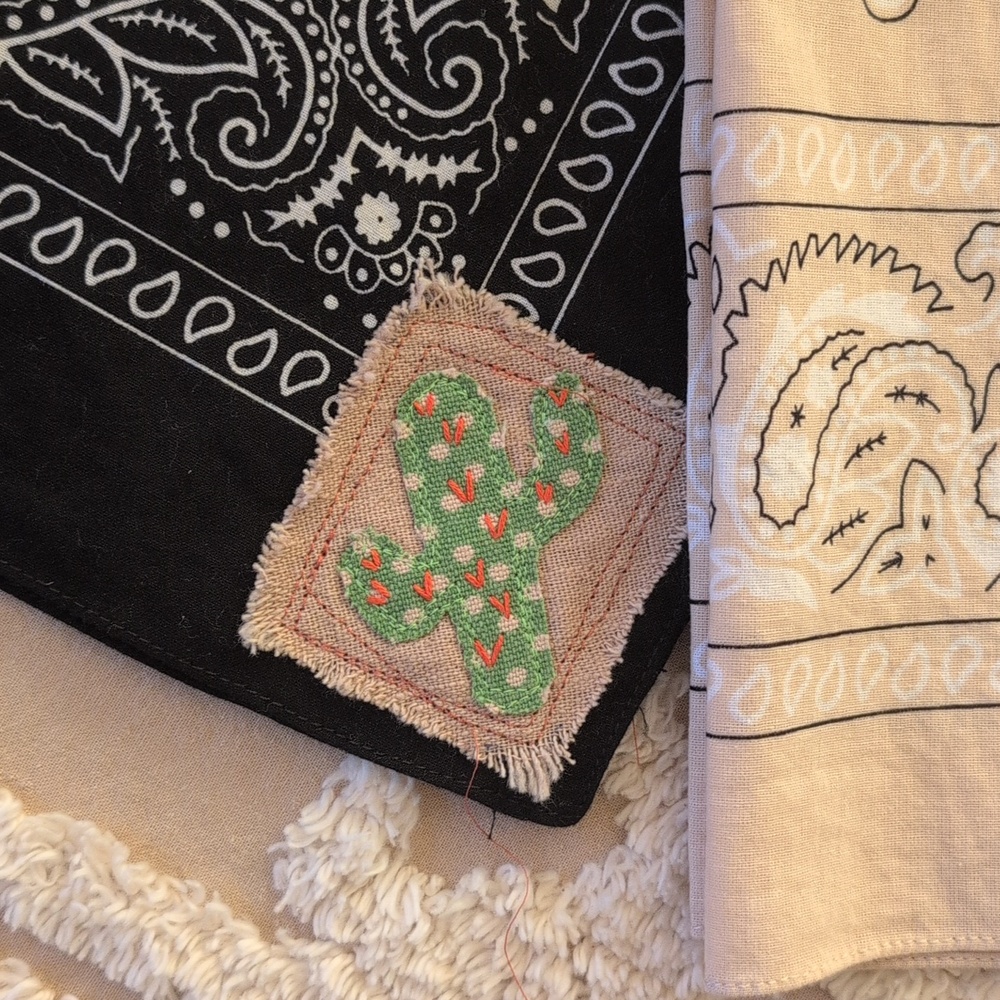 Bandana scarf w cactus, upcycled, embroidery cactus patch, Pick 1 HANDMADE ITEM - Picture 3 of 16